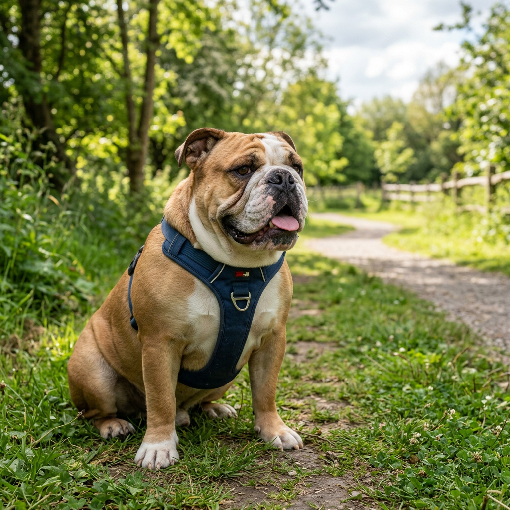 English Bulldog wearing blue harness sitting on a dirt path surrounded by greenery