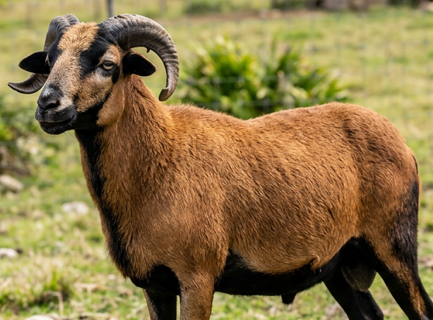 Brown goat with curved horns standing on grassy field with a fence and plants in background